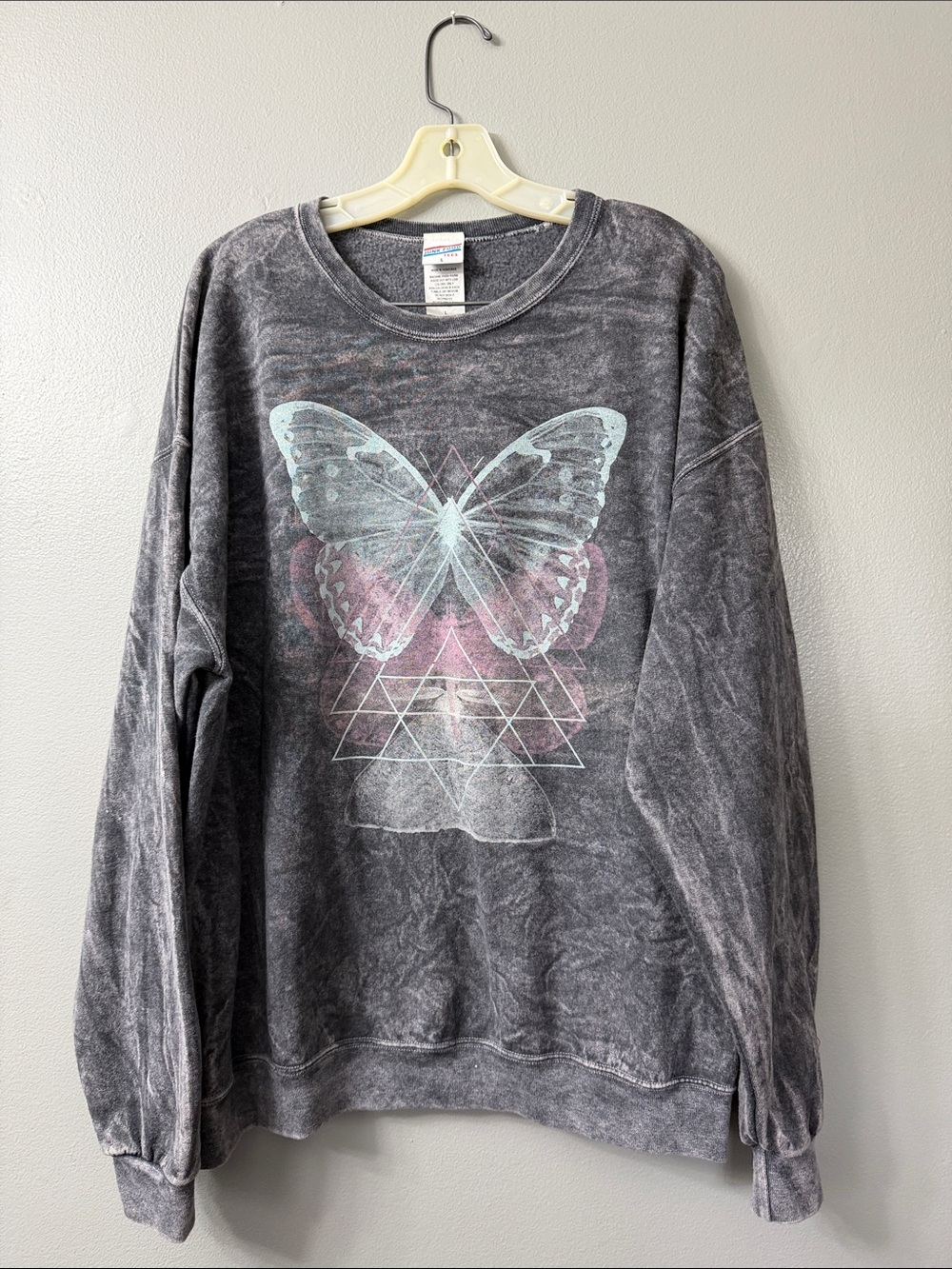 Junk Food Clothing Gray Crewneck Sweatshirt with Pastel Butterfly Graphic Large